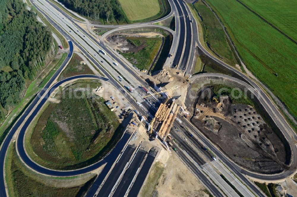 Aerial image Wöbbelin - Expansion and construction site of the highway triangle Schwerin on the motorway BAB A14 and A24 at Wöbbelin in Mecklenburg - Western Pomerania