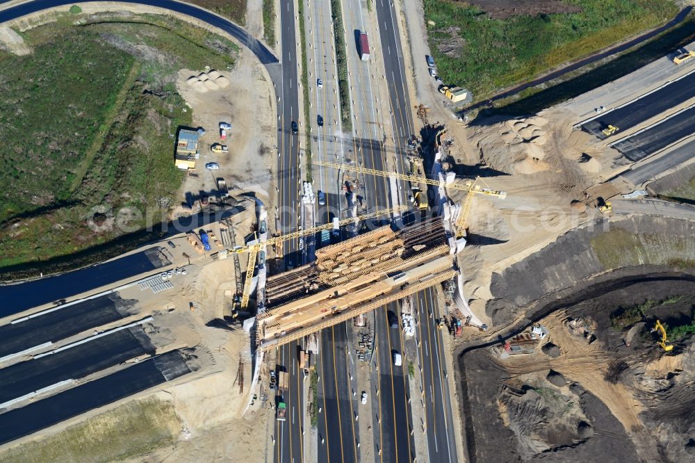 Wöbbelin from above - Expansion and construction site of the highway triangle Schwerin on the motorway BAB A14 and A24 at Wöbbelin in Mecklenburg - Western Pomerania