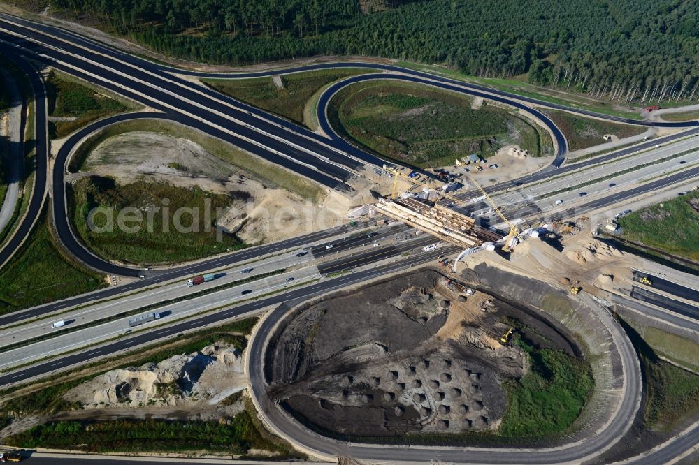 Wöbbelin from above - Expansion and construction site of the highway triangle Schwerin on the motorway BAB A14 and A24 at Wöbbelin in Mecklenburg - Western Pomerania