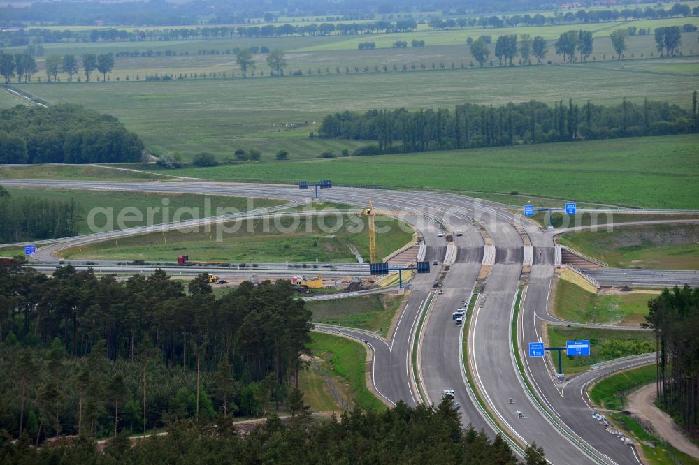 Wöbbelin from above - Expansion and construction site of the highway triangle Schwerin on the motorway BAB A14 and A24 at Woebbelin in Mecklenburg - Western Pomerania