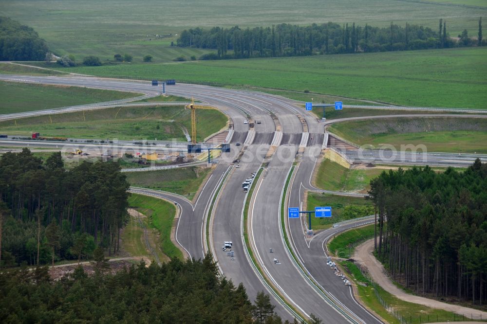 Wöbbelin from the bird's eye view: Expansion and construction site of the highway triangle Schwerin on the motorway BAB A14 and A24 at Woebbelin in Mecklenburg - Western Pomerania