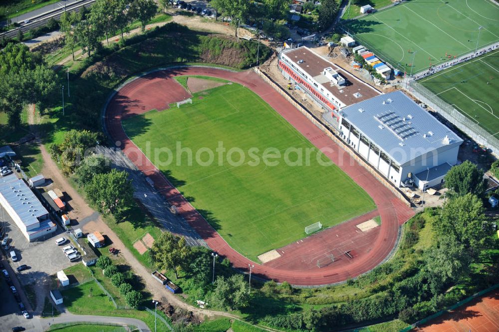 Frankfurt am Main from above - Blick auf den fast fertigen Um- und Erweiterungsbau am Stadion am Riederwald im Stadtteil Seckbach. Der Verein Eintracht Frankfurt e.V. lies durch die Baufirma Anton Schick GmbH und Co. KG.nach Entwürfen des Architekt Peter Fenchel ein Vereinszentrum bauen.