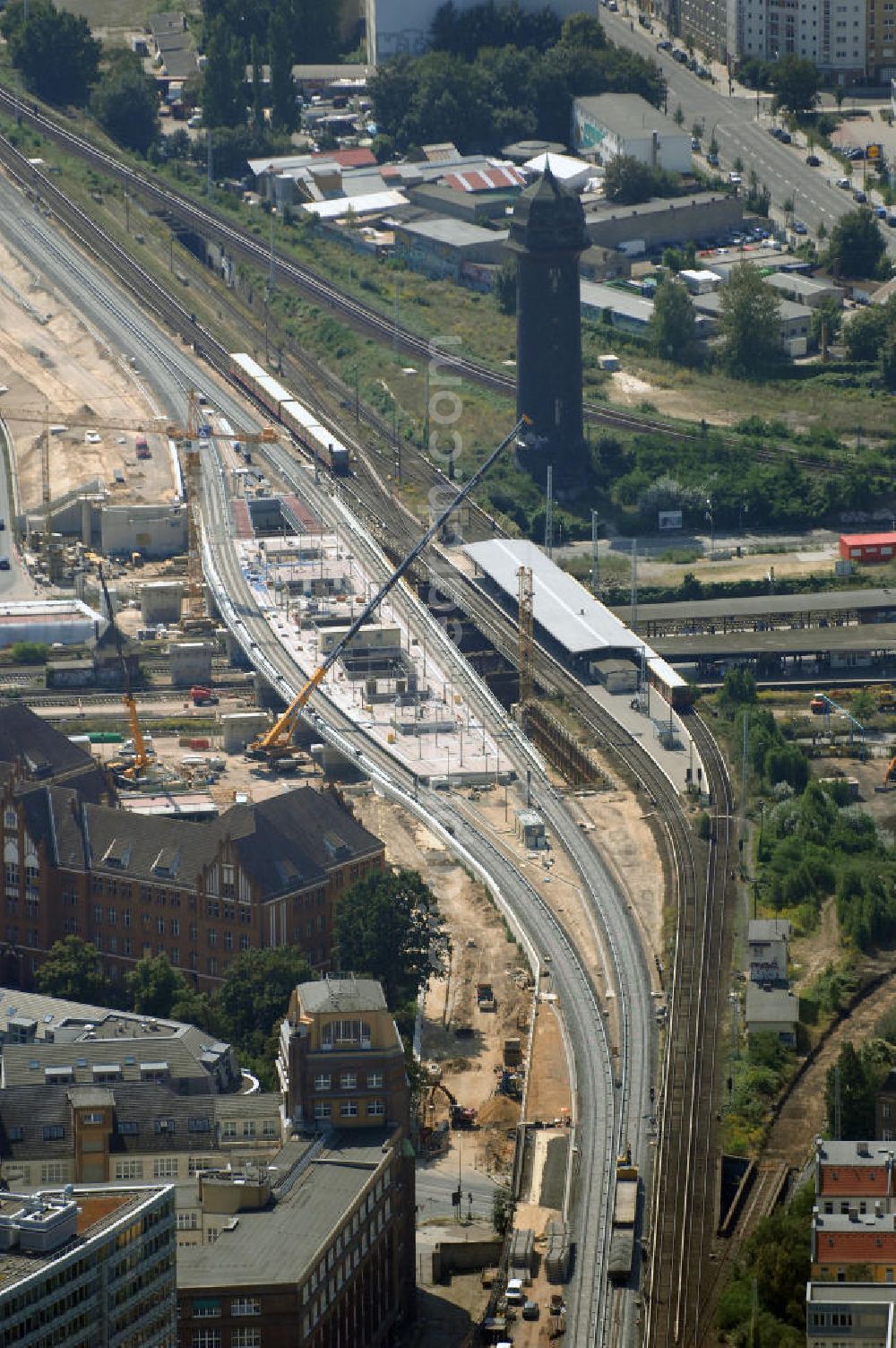 Berlin from the bird's eye view: Blick auf den Um- und Neubau des Berliner S-Bahnhofs Ostkreuz. Der Bahnhof wurde bereits im Jahr 1882 eröffnet und ist somit stark sanierungsbedürftig. Teile der Neubauten führt die EUROVIA Beton GmbH aus. Weiterhin beteiligt ist das Unternehmen VEPRO Verkehrsbauprojekt GmbH. Kontakt EUROVIA: EUROVIA BEton GmbH, Niederlassung Ingenieurbau und Zweigniederlassung Cottbus, Gewerbeparkstraße 17, 03099 Kolkwitz, Tel. +49(0)355 35552 3, Fax +49(0)355 35552 52, EMail: ingenieurbau@eurovia.de; Kontakt VEPRO: Verkehrsbau Projekt GmbH, Storkower Str. 132, 10407 Berlin, Tel. +49(0)30 42194 0, Fax +49(0)30 42194 221