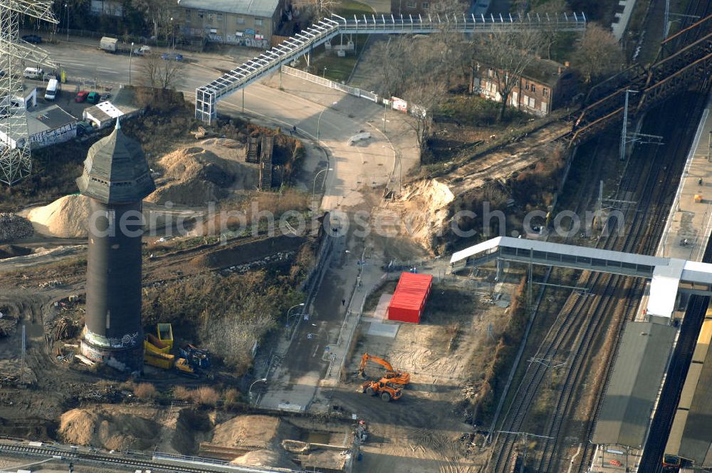 Aerial photograph Berlin - Blick auf den Um- und Neubau des Berliner S-Bahnhofs Ostkreuz. Der Bahnhof wurde bereits im Jahr 1882 eröffnet und ist somit stark sanierungsbedürftig. Teile der Neubauten führt die EUROVIA Beton GmbH aus. Weiterhin beteiligt ist das Unternehmen VEPRO Verkehrsbauprojekt GmbH. Kontakt EUROVIA: EUROVIA BEton GmbH, Niederlassung Ingenieurbau und Zweigniederlassung Cottbus, Gewerbeparkstraße 17, 03099 Kolkwitz, Tel. +49(0)355 35552 3, Fax +49(0)355 35552 52, EMail: ingenieurbau@eurovia.de; Kontakt VEPRO: Verkehrsbau Projekt GmbH, Storkower Str. 132, 10407 Berlin, Tel. +49(0)30 42194 0, Fax +49(0)30 42194 221