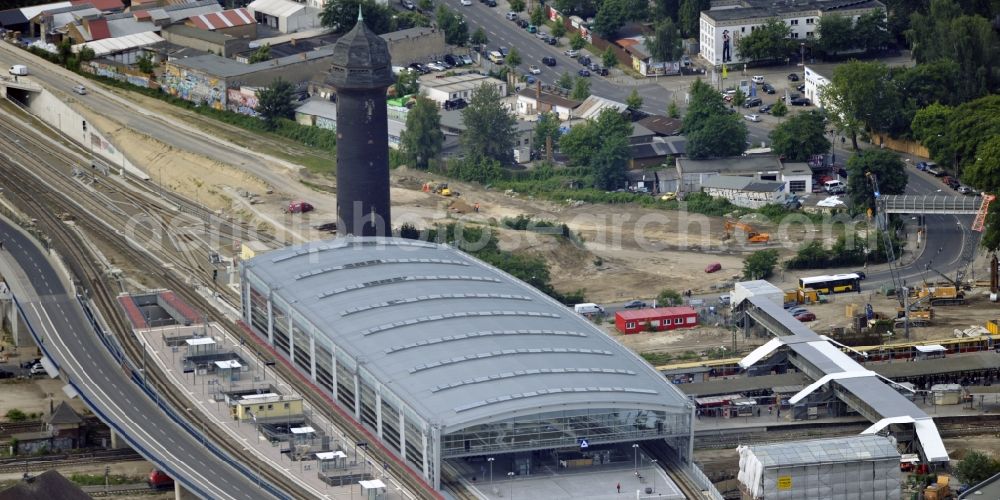 Berlin from above - Construction site of the alteration and new build Berlin S-Bahn station Ostkreuz