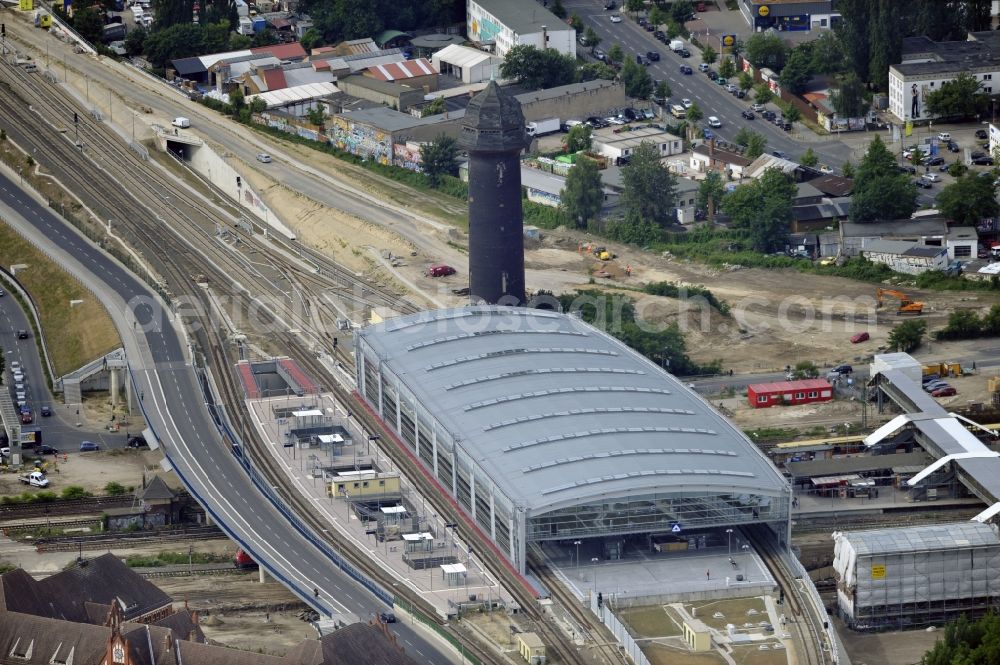 Berlin from the bird's eye view: Construction site of the alteration and new build Berlin S-Bahn station Ostkreuz