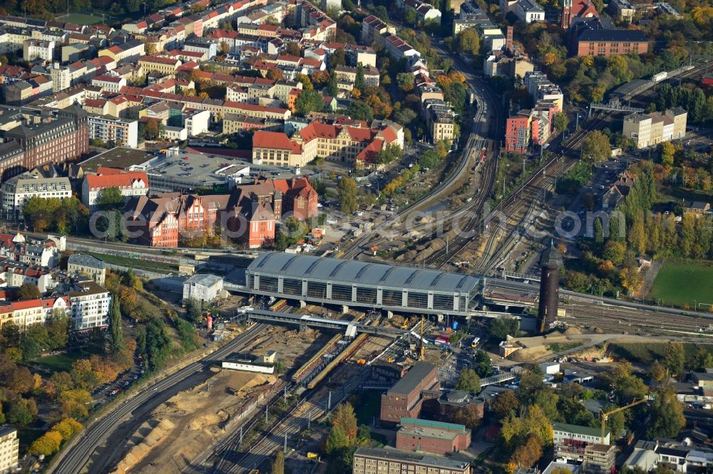 Berlin from the bird's eye view: Construction site of the alteration and new build Berlin S-Bahn station Ostkreuz