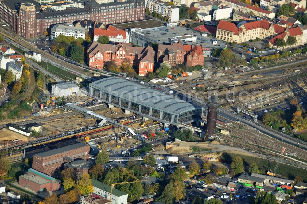 Berlin from above - Construction site of the alteration and new build Berlin S-Bahn station Ostkreuz