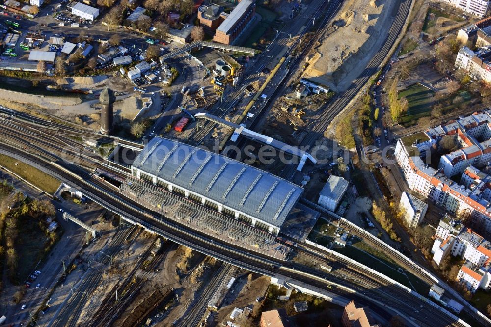 Berlin from the bird's eye view: Construction site of the alteration and new build Berlin S-Bahn station Ostkreuz