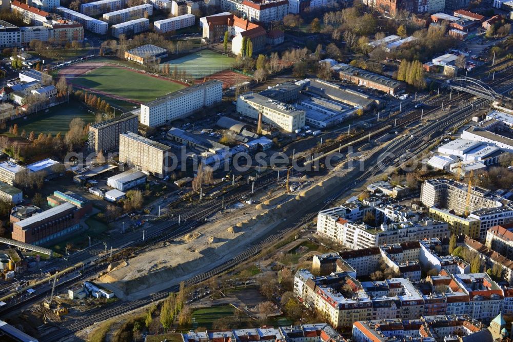 Aerial image Berlin - Construction site of the alteration and new build Berlin S-Bahn station Ostkreuz