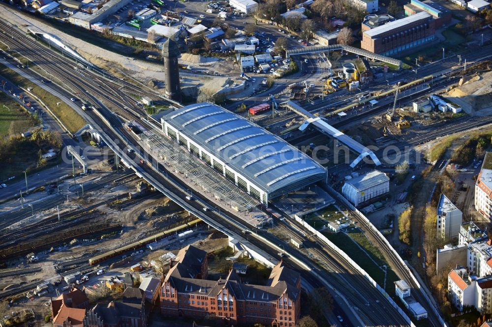 Berlin from above - Construction site of the alteration and new build Berlin S-Bahn station Ostkreuz