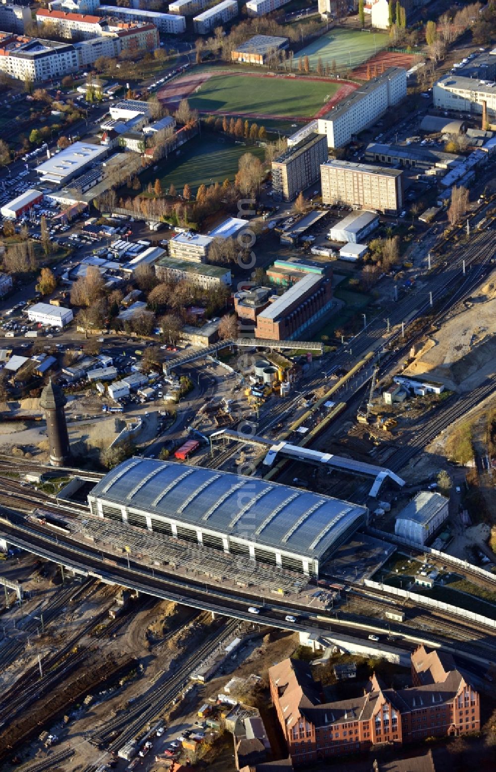 Berlin from above - Construction site of the alteration and new build Berlin S-Bahn station Ostkreuz