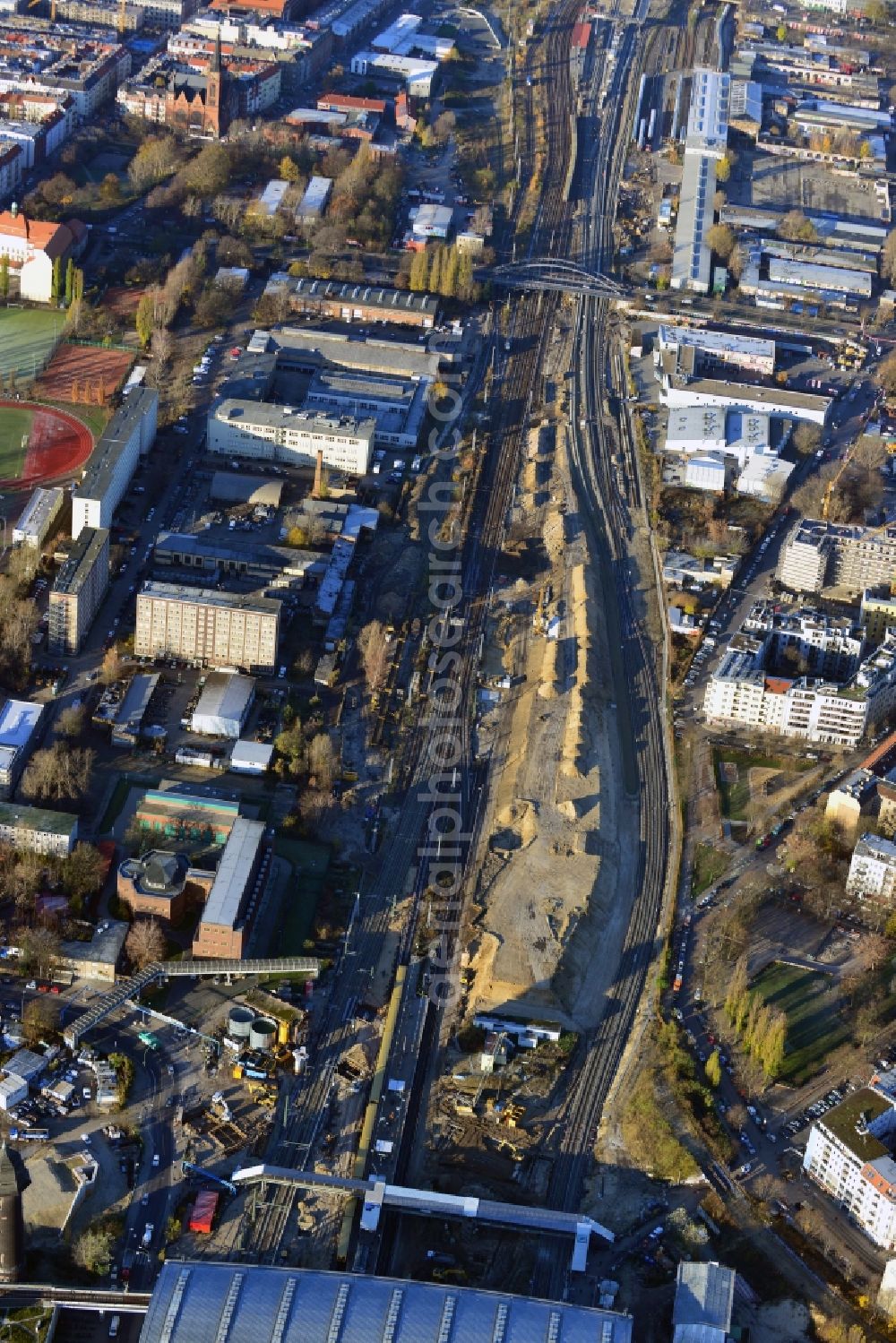 Aerial image Berlin - Construction site of the alteration and new build Berlin S-Bahn station Ostkreuz