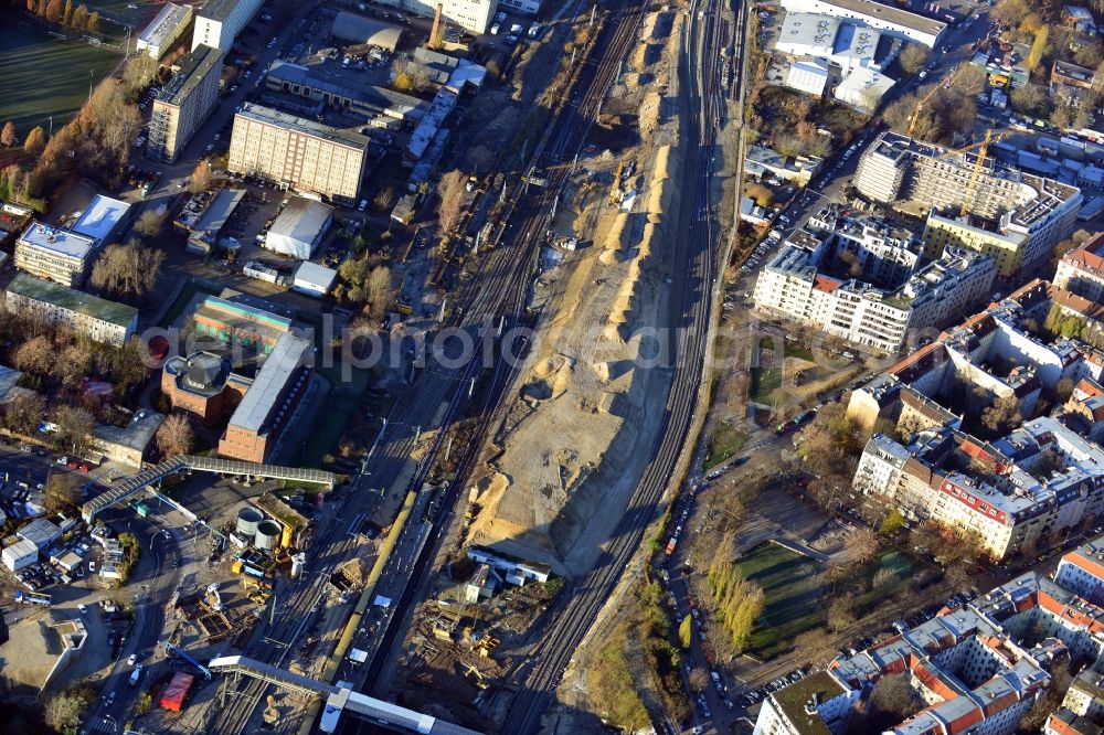 Aerial photograph Berlin - Construction site of the alteration and new build Berlin S-Bahn station Ostkreuz