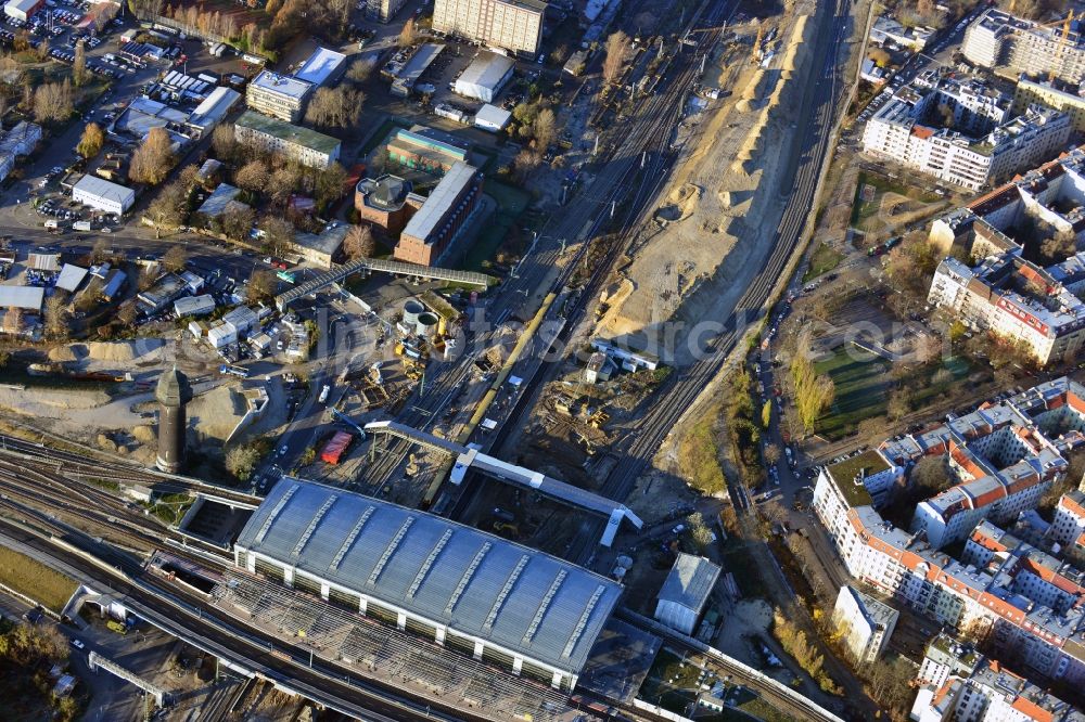 Berlin from above - Construction site of the alteration and new build Berlin S-Bahn station Ostkreuz