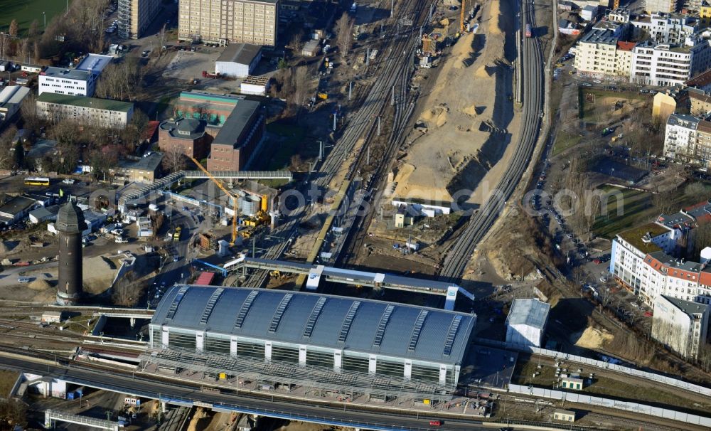 Berlin from above - Construction site of the alteration and new build Berlin S-Bahn station Ostkreuz