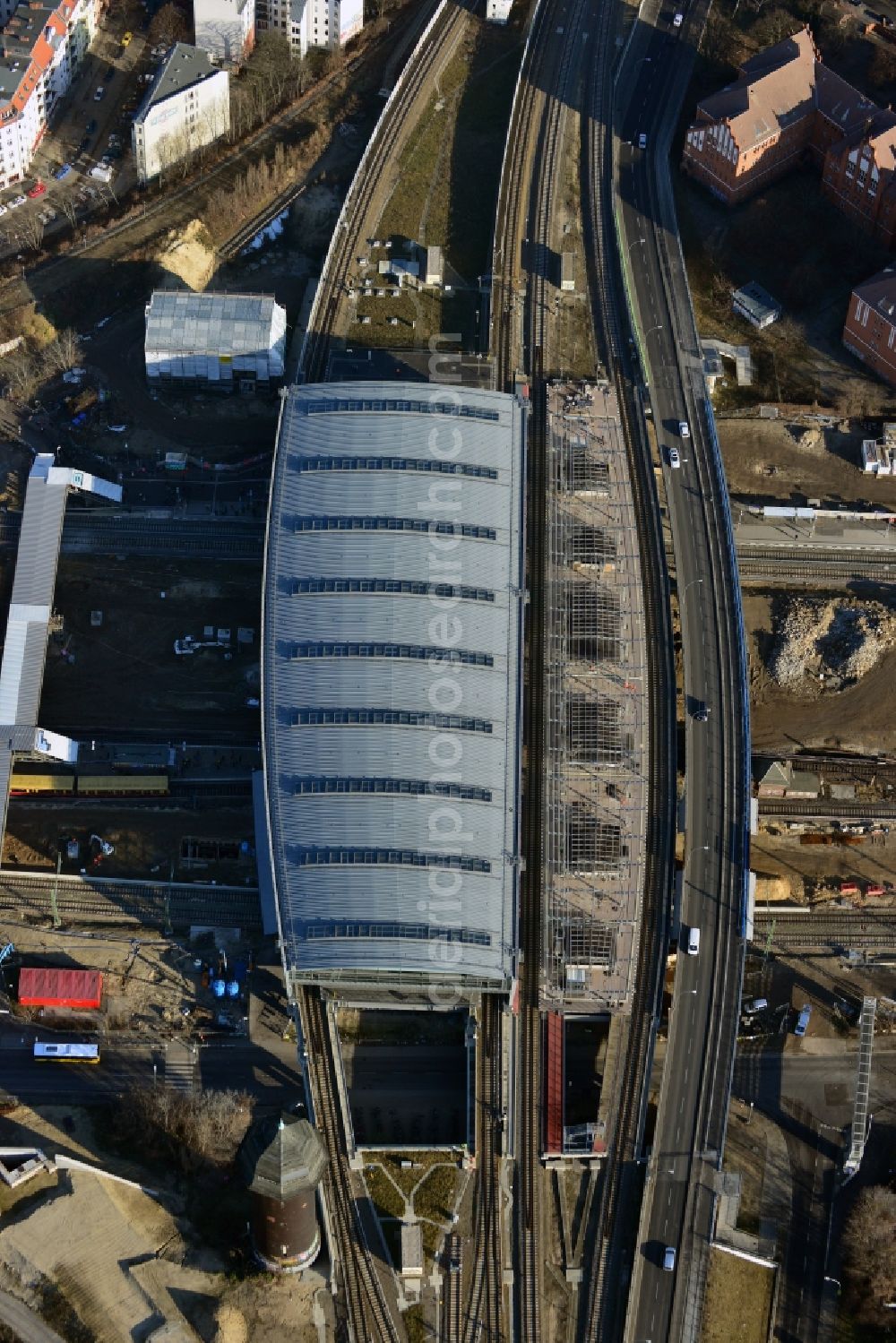 Aerial image Berlin - Construction site of the alteration and new build Berlin S-Bahn station Ostkreuz