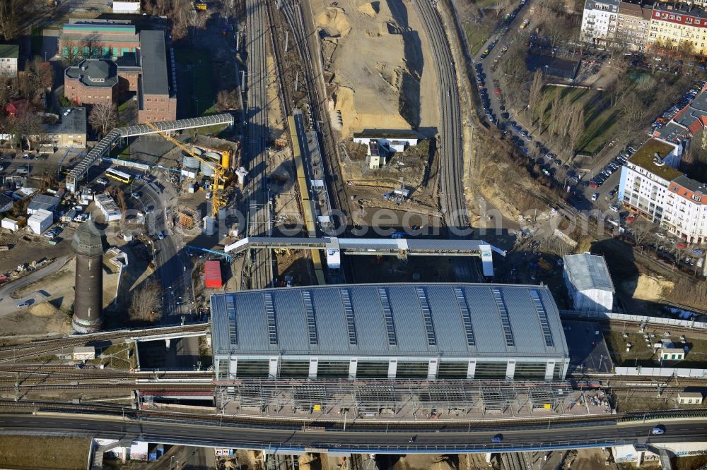 Berlin from above - Construction site of the alteration and new build Berlin S-Bahn station Ostkreuz