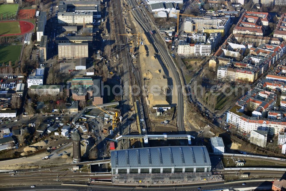 Berlin from the bird's eye view: Construction site of the alteration and new build Berlin S-Bahn station Ostkreuz