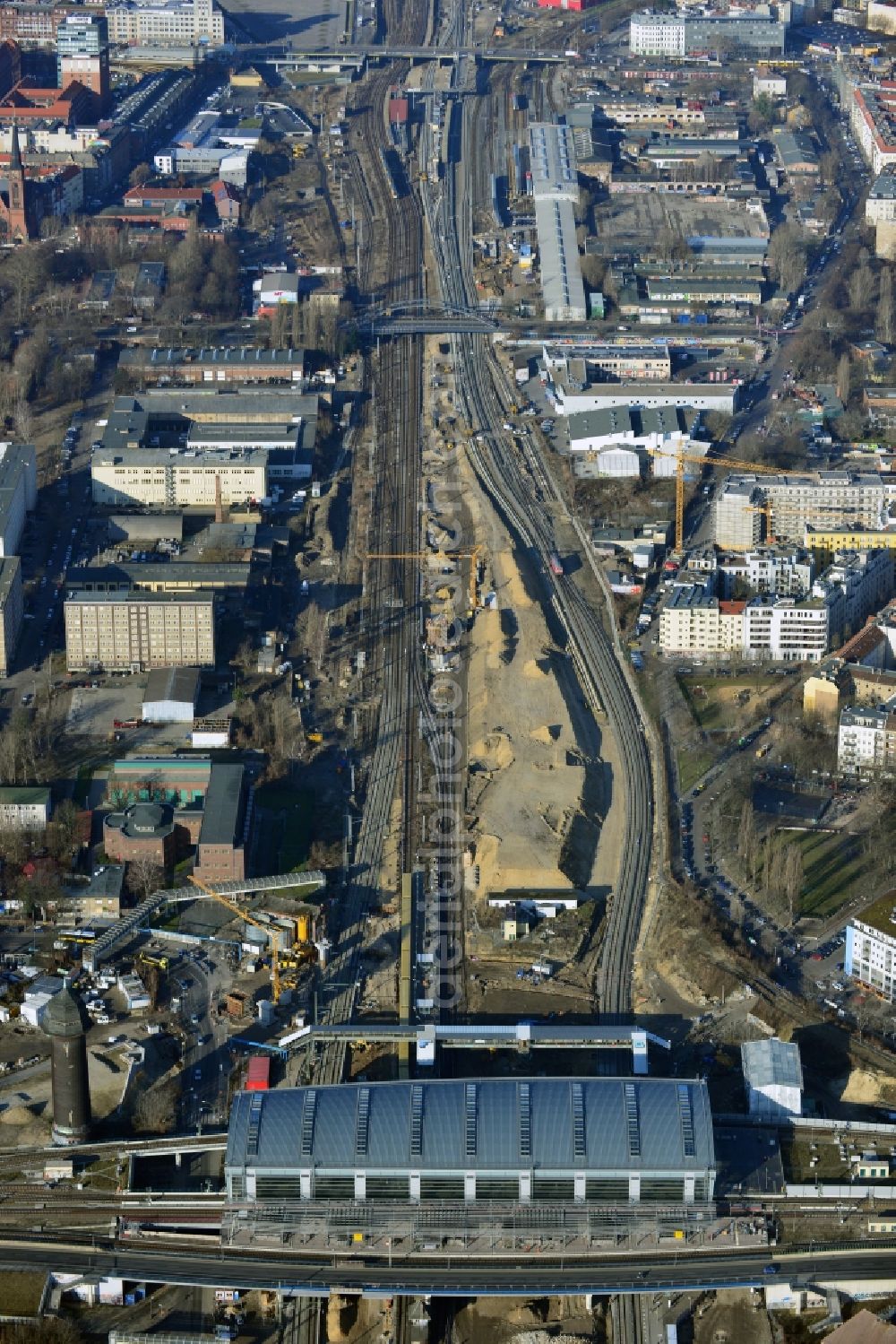 Aerial image Berlin - Construction site of the alteration and new build Berlin S-Bahn station Ostkreuz