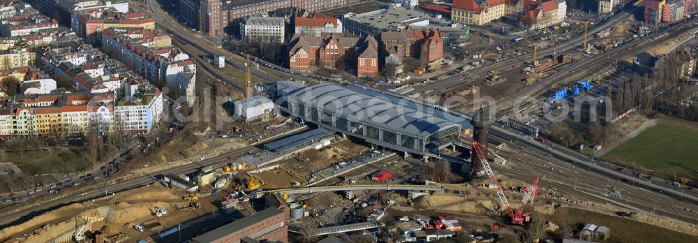 Berlin from above - Construction site of the alteration and new build Berlin S-Bahn station Ostkreuz