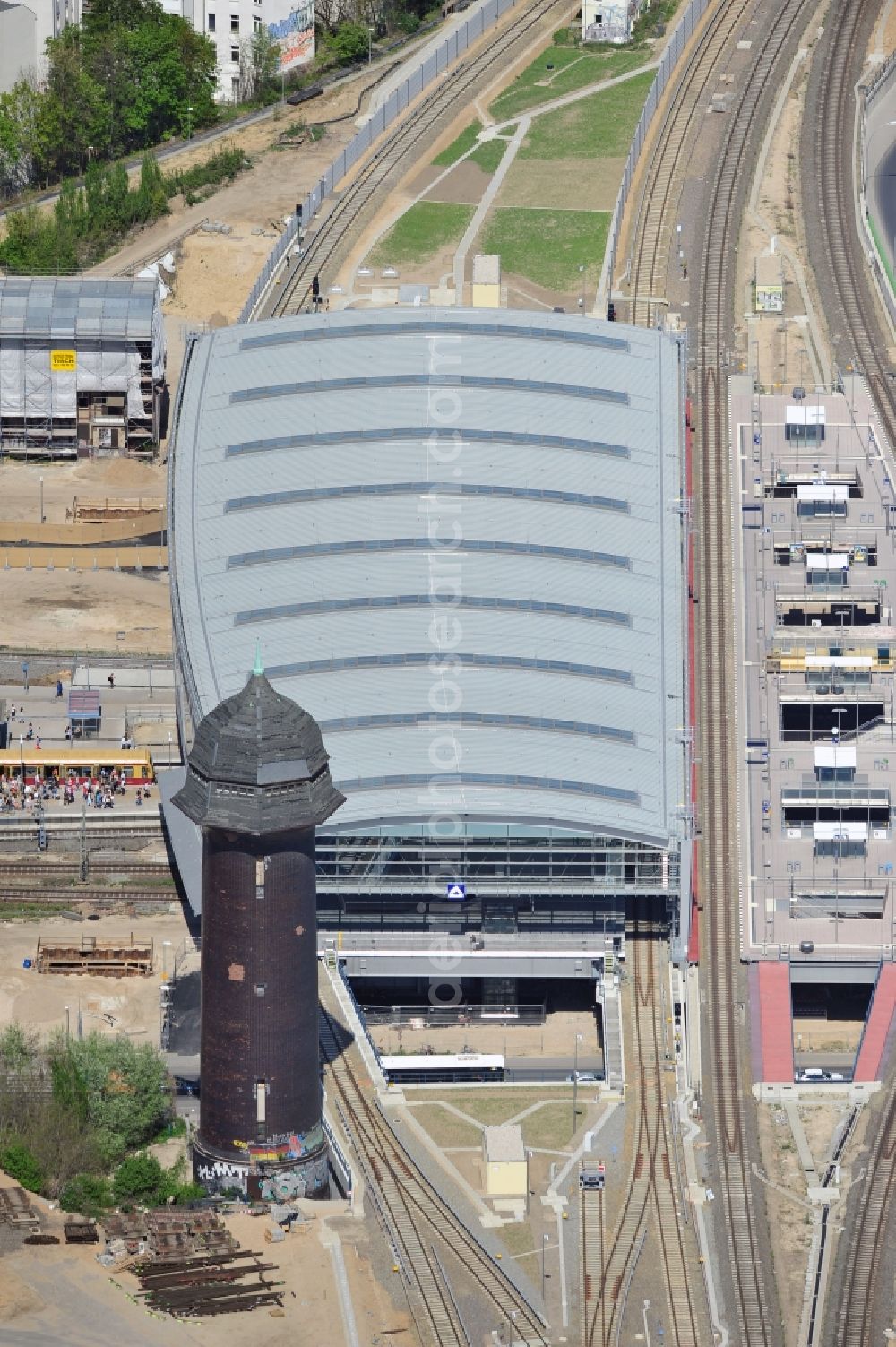 Aerial image Berlin - Construction site of the alteration and new build Berlin S-Bahn station Ostkreuz