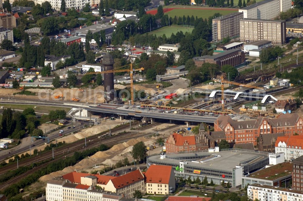 Berlin from above - Construction site of the alteration and new build Berlin S-Bahn station Ostkreuz