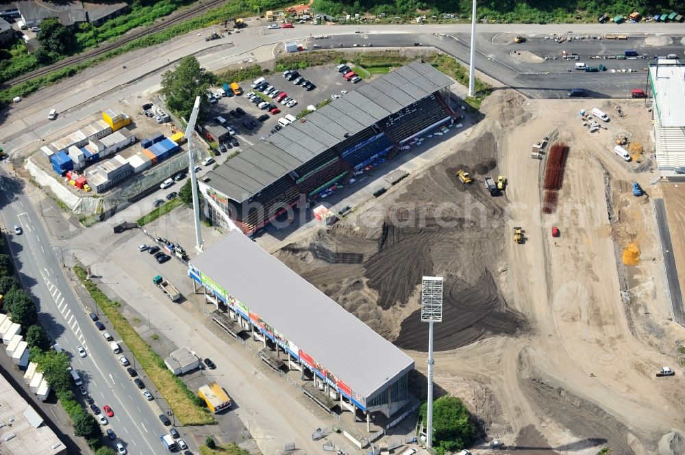 Essen from above - Construction of a modern football stadium at the Georg-Melches stadium in Essen, North Rhine-Westphalia