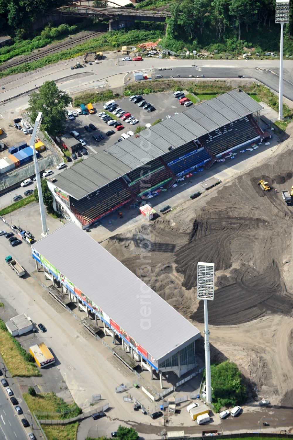 Essen from the bird's eye view: Construction of a modern football stadium at the Georg-Melches stadium in Essen, North Rhine-Westphalia