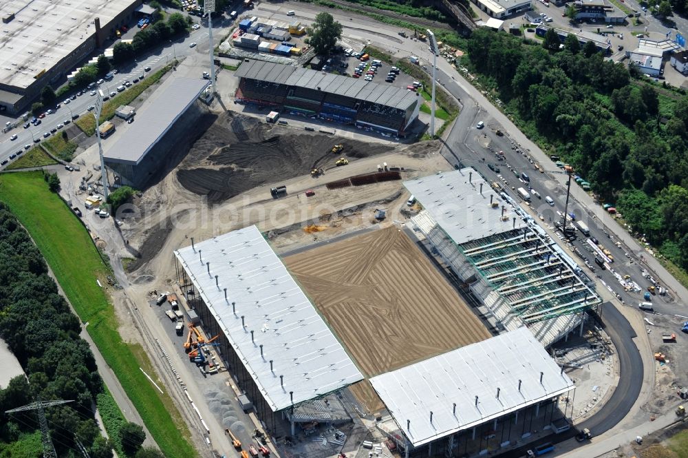 Aerial photograph Essen - Construction of a modern football stadium at the Georg-Melches stadium in Essen, North Rhine-Westphalia