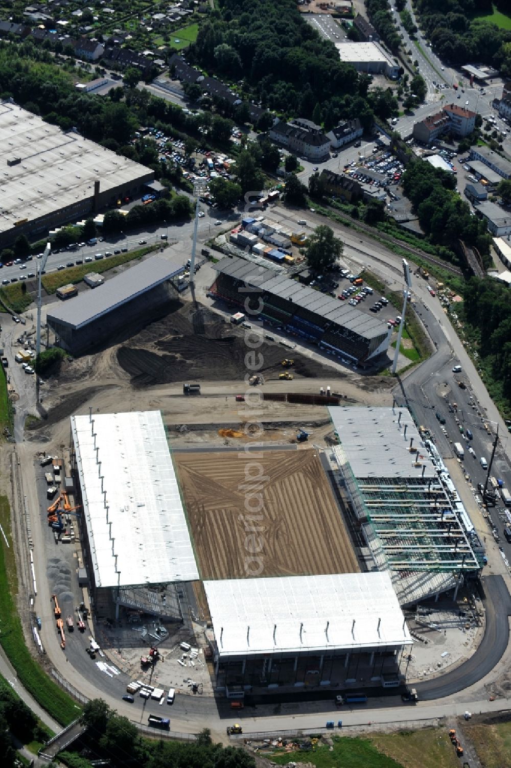 Essen from above - Construction of a modern football stadium at the Georg-Melches stadium in Essen, North Rhine-Westphalia