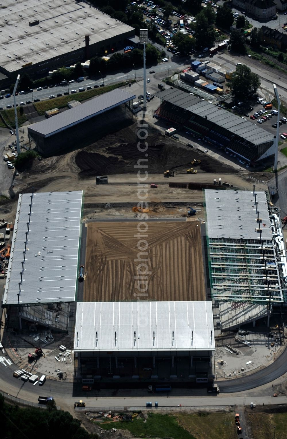 Essen from the bird's eye view: Construction of a modern football stadium at the Georg-Melches stadium in Essen, North Rhine-Westphalia