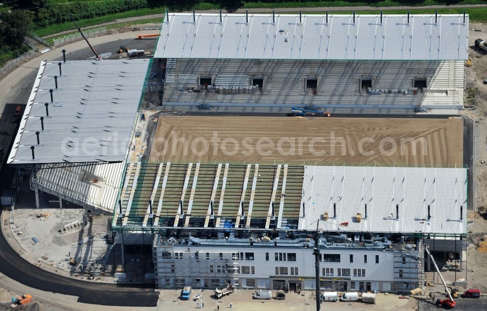 Aerial photograph Essen - Construction of a modern football stadium at the Georg-Melches stadium in Essen, North Rhine-Westphalia