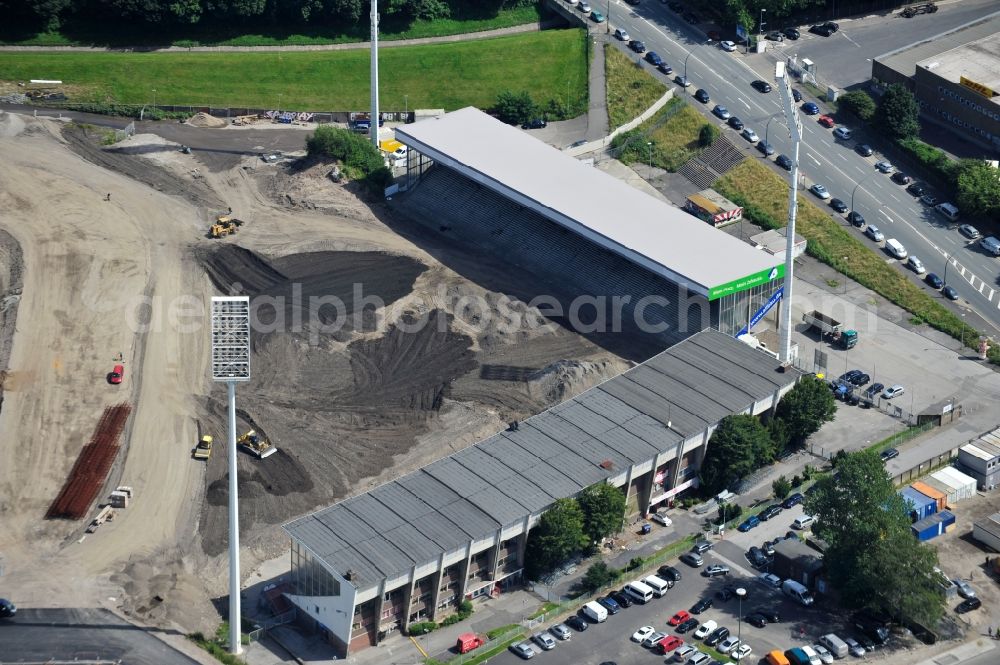 Essen from above - Construction of a modern football stadium at the Georg-Melches stadium in Essen, North Rhine-Westphalia