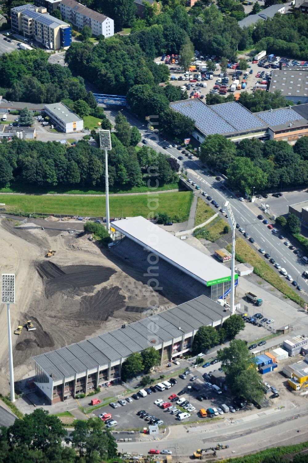 Essen from the bird's eye view: Construction of a modern football stadium at the Georg-Melches stadium in Essen, North Rhine-Westphalia