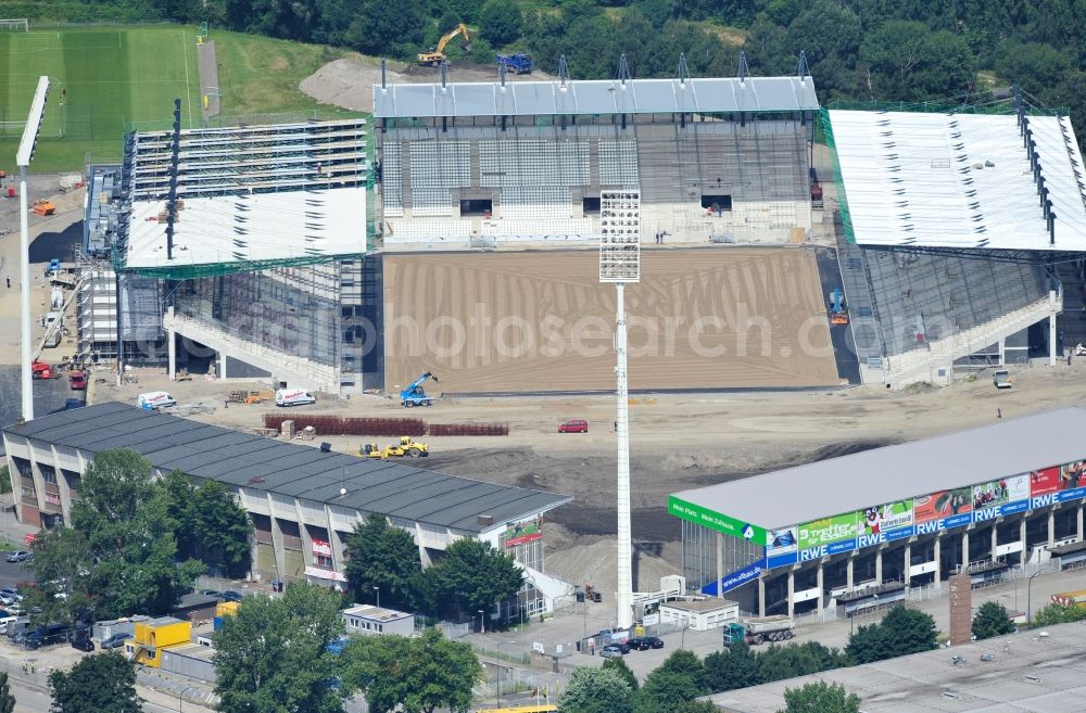 Aerial photograph Essen - Construction of a modern football stadium at the Georg-Melches stadium in Essen, North Rhine-Westphalia