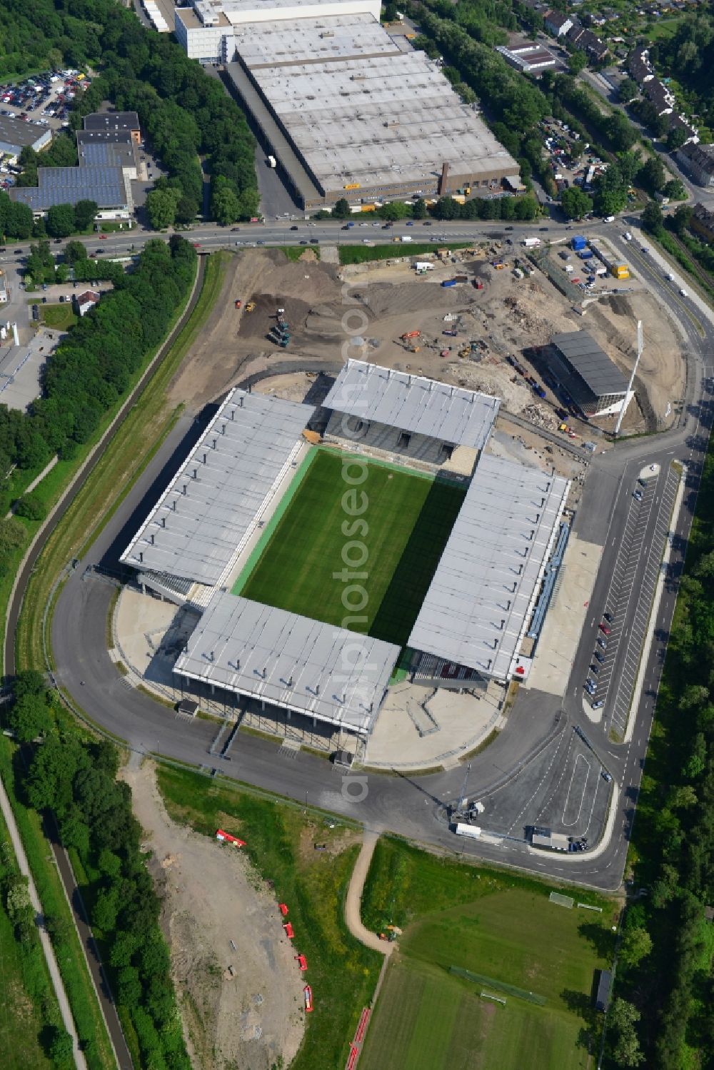 Essen from above - Construction of a modern football stadium at the Georg-Melches stadium in Essen, North Rhine-Westphalia