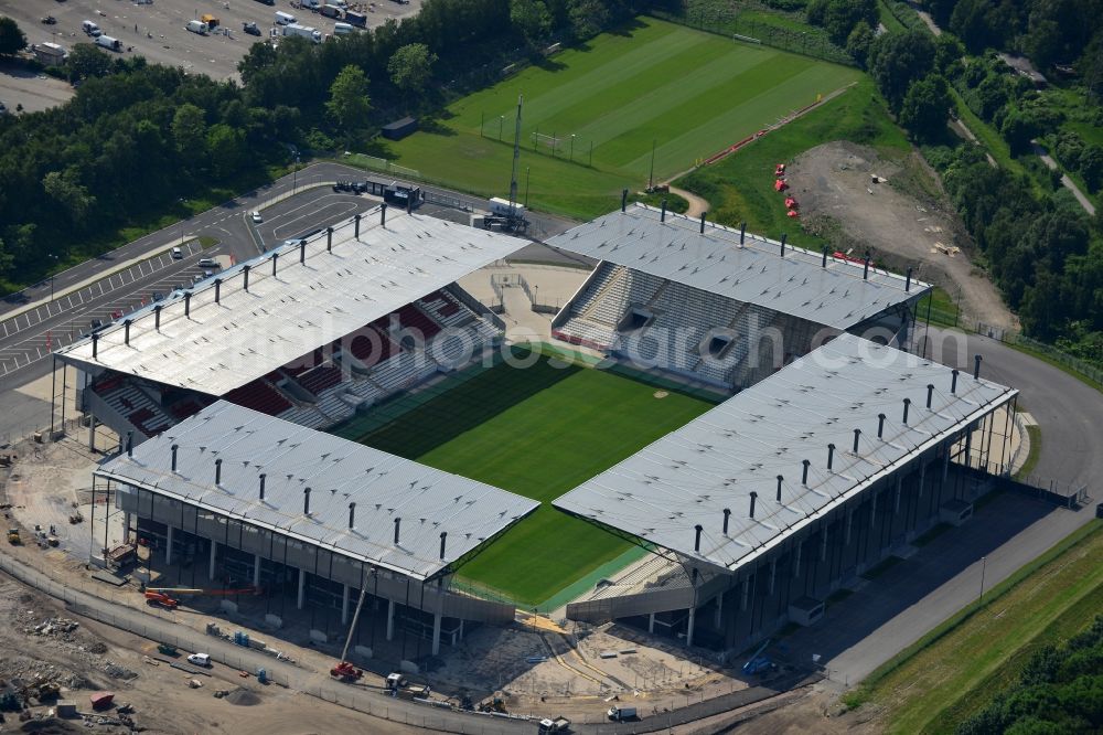 Essen from the bird's eye view: Construction of a modern football stadium at the Georg-Melches stadium in Essen, North Rhine-Westphalia