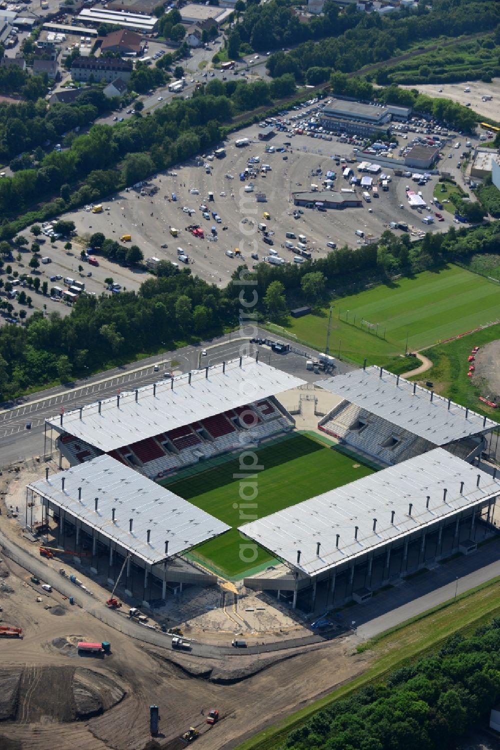 Aerial photograph Essen - Construction of a modern football stadium at the Georg-Melches stadium in Essen, North Rhine-Westphalia