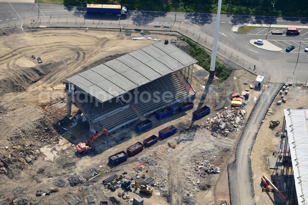 Essen from above - Construction of a modern football stadium at the Georg-Melches stadium in Essen, North Rhine-Westphalia