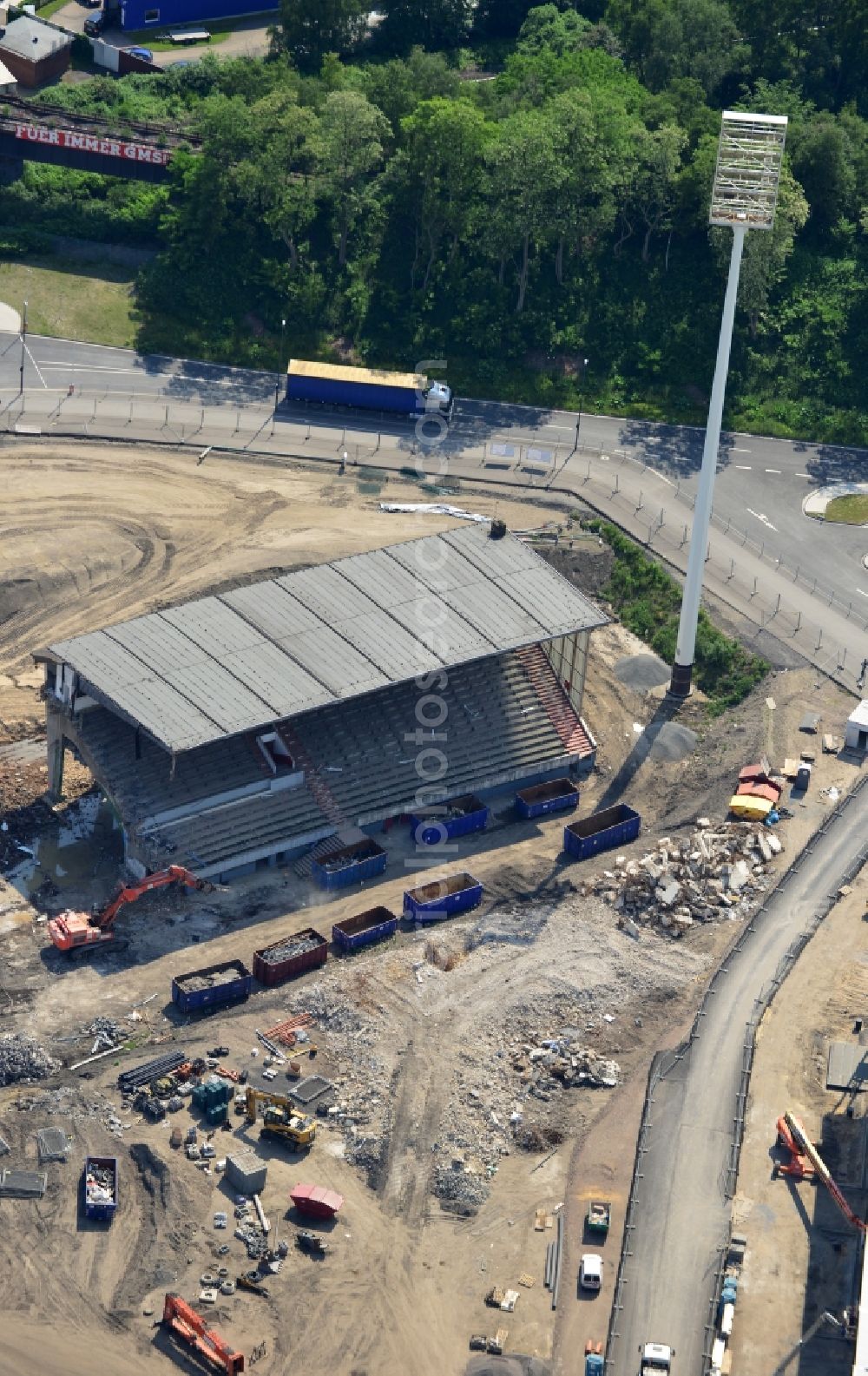 Essen from the bird's eye view: Construction of a modern football stadium at the Georg-Melches stadium in Essen, North Rhine-Westphalia