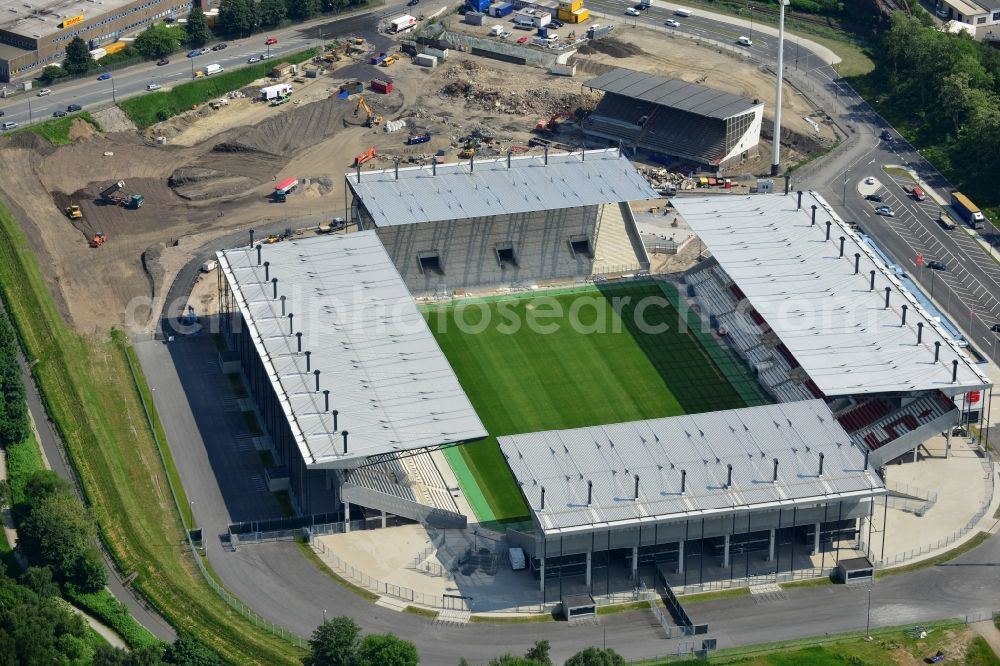 Aerial photograph Essen - Construction of a modern football stadium at the Georg-Melches stadium in Essen, North Rhine-Westphalia