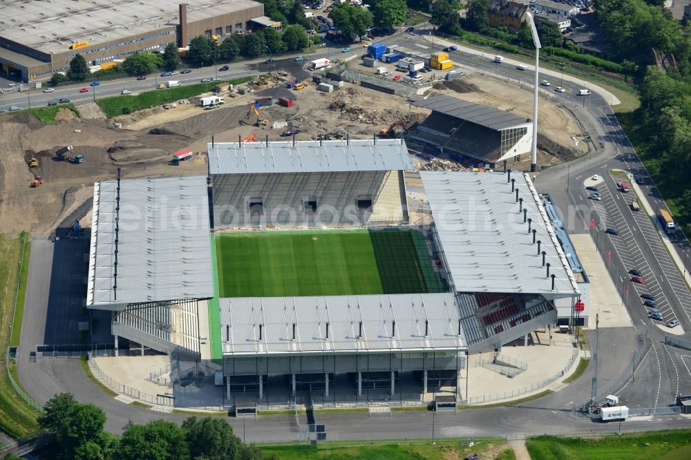 Essen from above - Construction of a modern football stadium at the Georg-Melches stadium in Essen, North Rhine-Westphalia