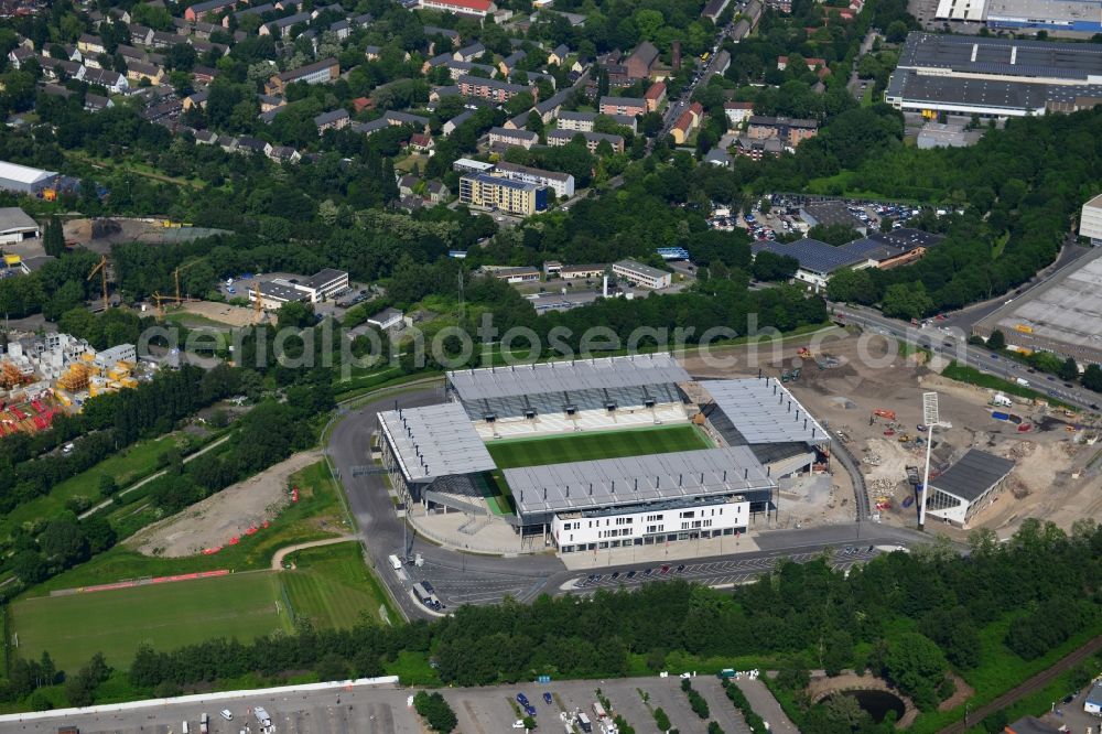 Essen from the bird's eye view: Construction of a modern football stadium at the Georg-Melches stadium in Essen, North Rhine-Westphalia