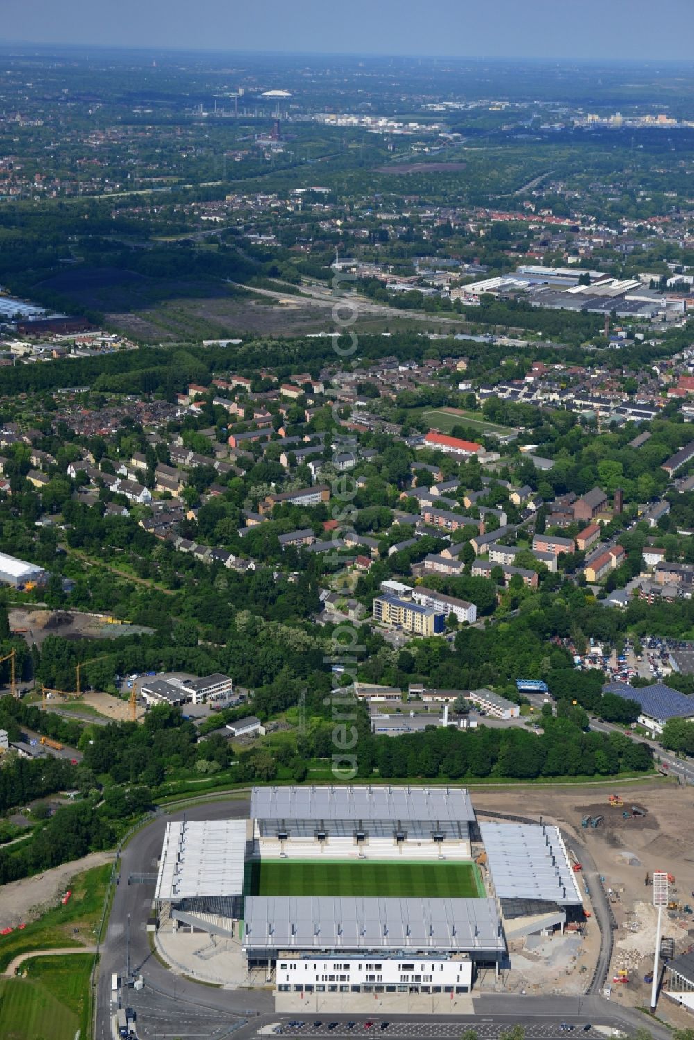 Aerial photograph Essen - Construction of a modern football stadium at the Georg-Melches stadium in Essen, North Rhine-Westphalia