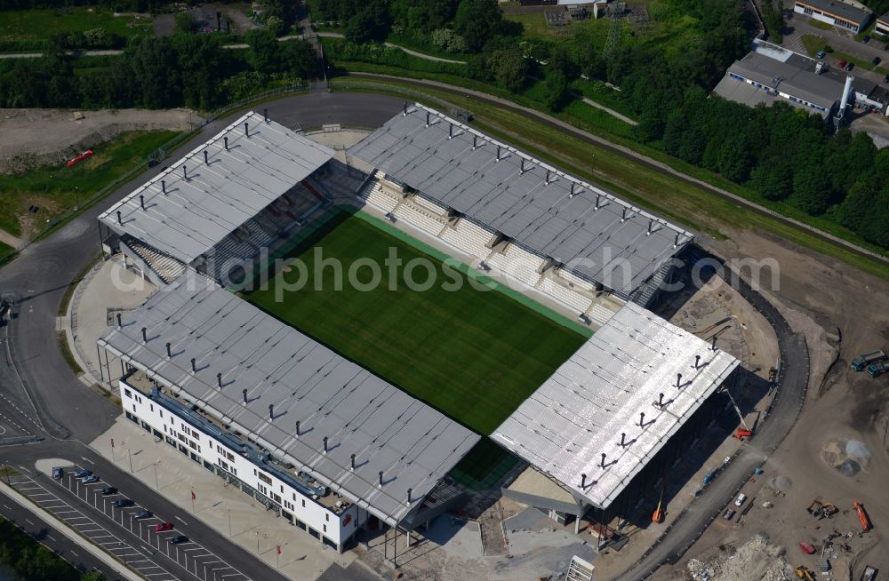 Essen from above - Construction of a modern football stadium at the Georg-Melches stadium in Essen, North Rhine-Westphalia