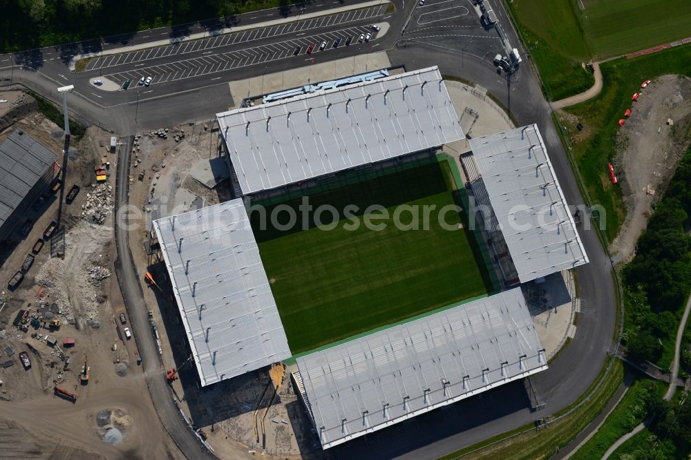 Essen from the bird's eye view: Construction of a modern football stadium at the Georg-Melches stadium in Essen, North Rhine-Westphalia