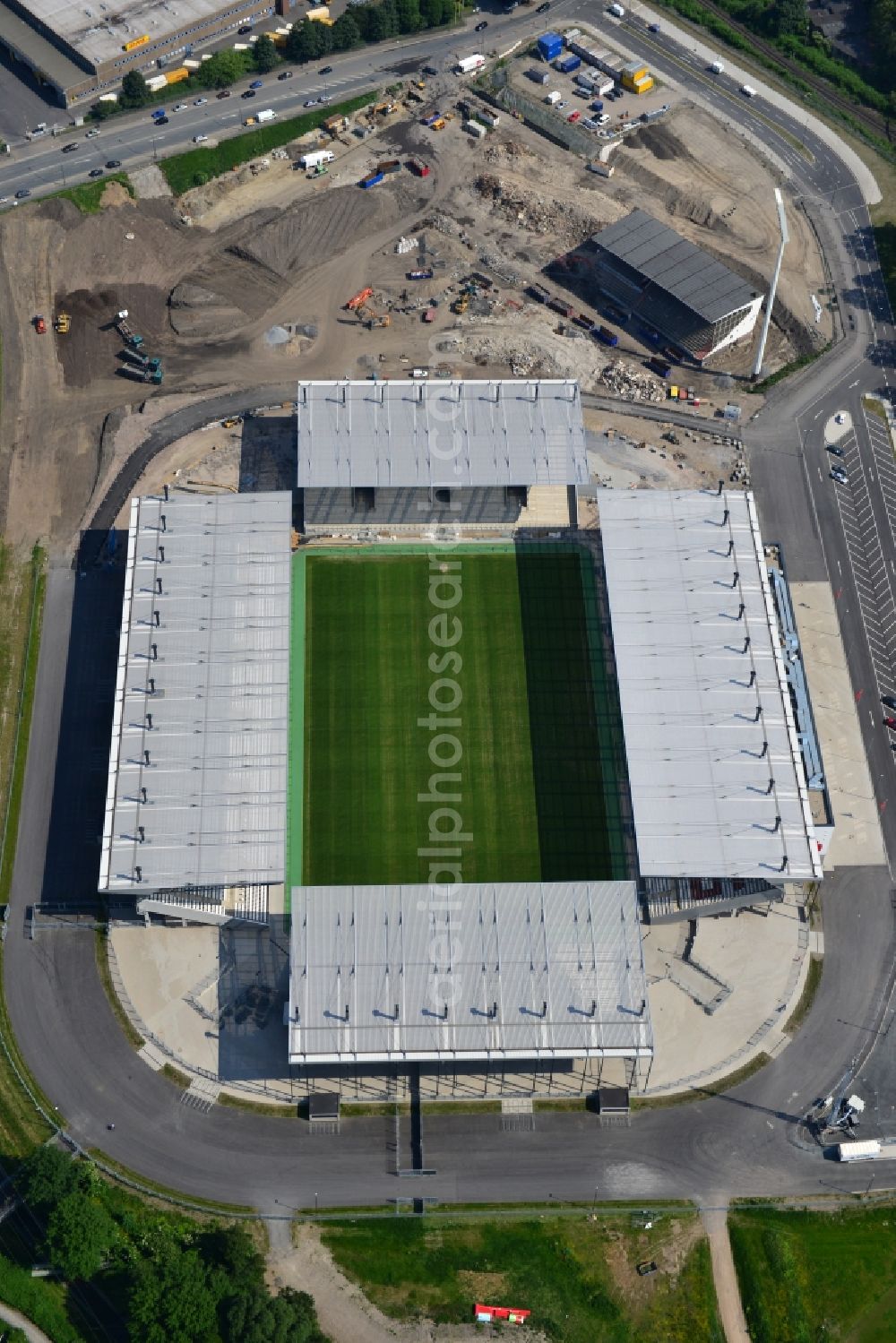 Aerial photograph Essen - Construction of a modern football stadium at the Georg-Melches stadium in Essen, North Rhine-Westphalia