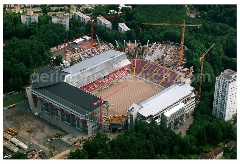 Kaiserslautern from above - Construction site of sports facility grounds of the Arena stadium Fritz-Walter-Stadion in destrict Betzenberg on Fritz-Walter-Strasse in Kaiserslautern in the state Rhineland-Palatinate, Germany