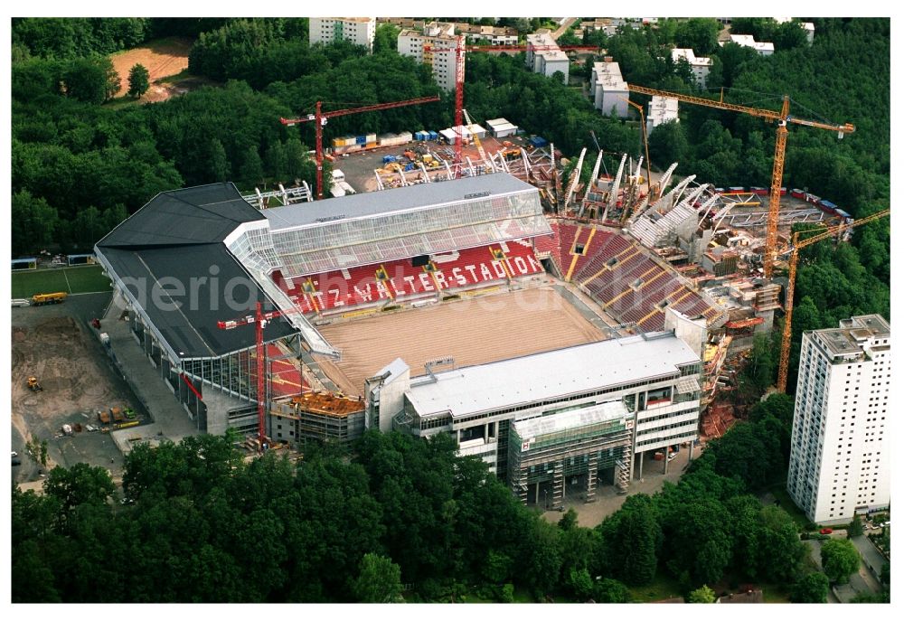 Kaiserslautern from the bird's eye view: Construction site of sports facility grounds of the Arena stadium Fritz-Walter-Stadion in destrict Betzenberg on Fritz-Walter-Strasse in Kaiserslautern in the state Rhineland-Palatinate, Germany